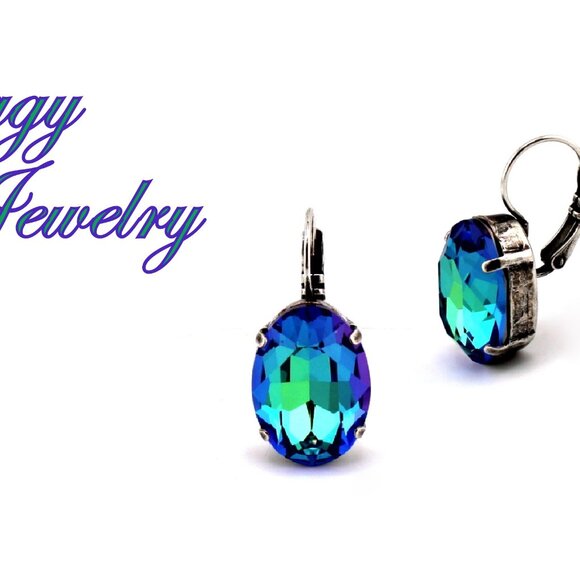 Sphinx Green Blue 18x13mm Oval Drop Crystal Earrings, Large Statement Lever Back - Picture 4 of 7